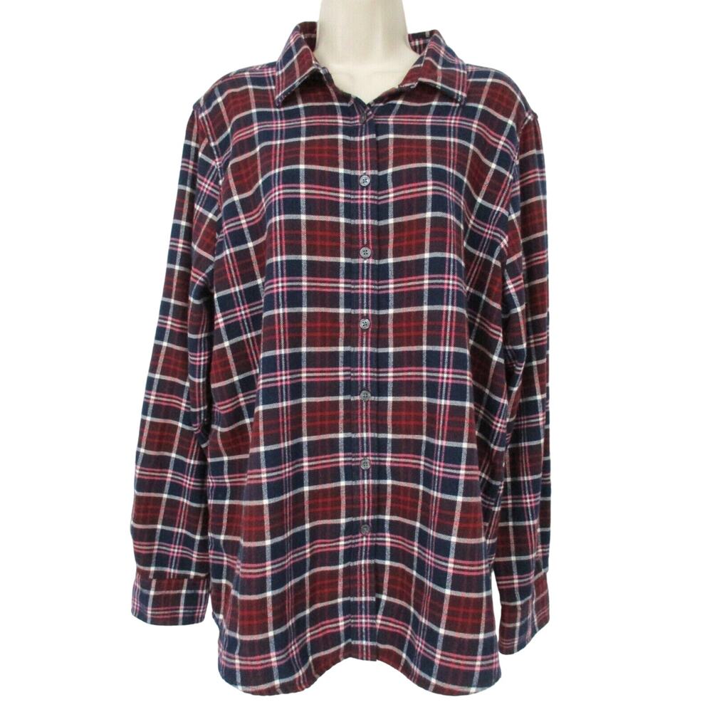 LL Bean Womens Scotch Plaid Flannel Shirt Size 16 Red Relaxed Fit Top 488594